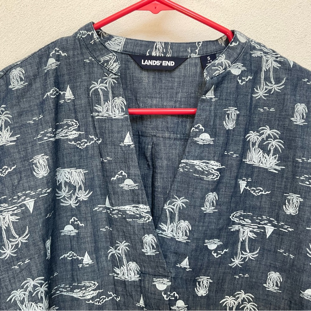 Lands' End Chambray Palm Tree, Sailboat Short Sleeve Tunic Size Small 6-8 - Picture 3 of 4